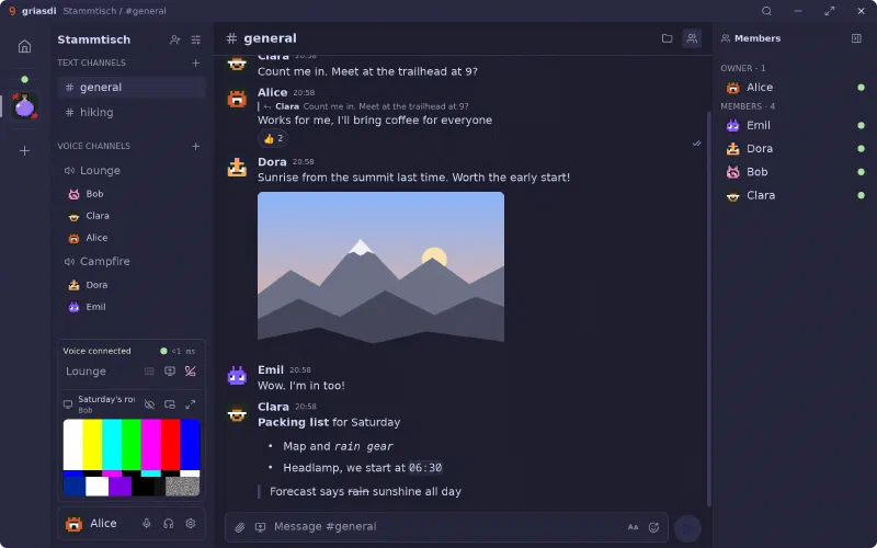 The griasdi app: a community called Stammtisch with people in two voice channels and a live screen share in the call panel, a conversation in #general with a reply, reactions, a photo and Markdown, and the member list.