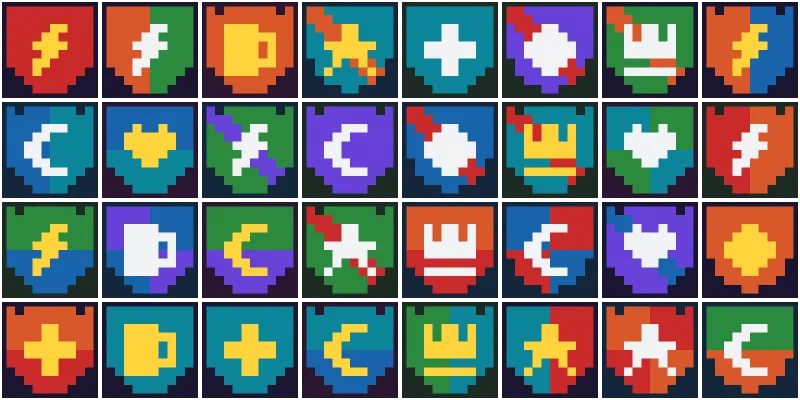 A grid of 32 generated 10x10 pixel-art crests: shields in red, blue, green, purple, orange and teal, split into two fields, each carrying a gold or white emblem such as a star, crown, crescent, cross, mug or lightning bolt