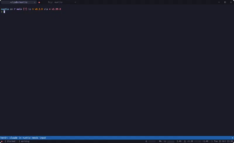nuntio with the first tab active: the second tab, running herdr, has a red dot in front of its title; a blue banner at the bottom reads herdr: claude in nuntio needs input, and the agents item at the left of the status bar shows a red dot with 1 blocked · 1 working
