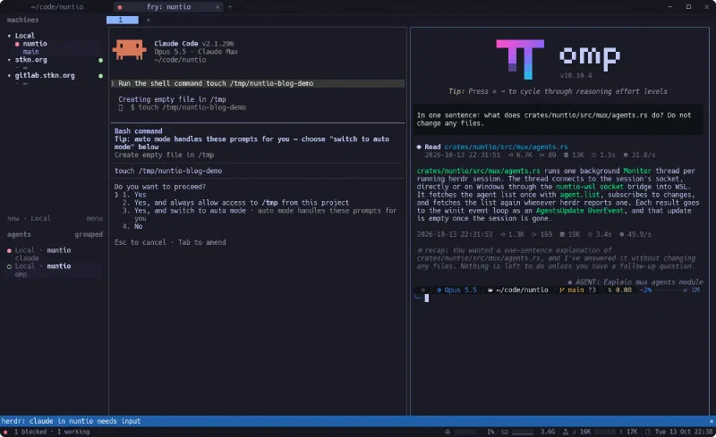 nuntio with two tabs, the second running herdr: herdr's sidebar lists the machines and two agents, Claude Code on the left waits for permission to run touch /tmp/nuntio-blog-demo, omp on the right has answered a question about agents.rs; along the bottom a banner reads herdr: claude in nuntio needs input, and the status bar shows 1 blocked · 1 working