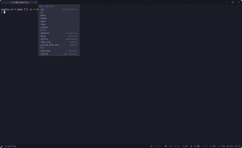 nuntio's shell menu, opened from the + in the tab bar: under New tab with the shells zsh, sh, bash, rbash, dash, tmux and screen; under HERDR the sessions default (1 working) and blog (running), a nuntio entry marked workspace and the machines stkn.org and gitlab.stkn.org marked remote; under TMUX the session dotfiles (2 windows) and a nuntio entry marked new session