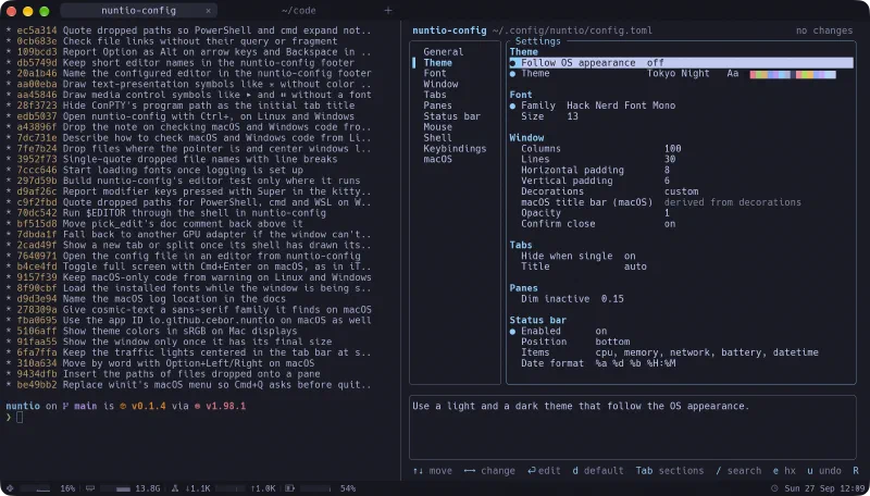 nuntio on macOS: two tabs, git log in the left pane, nuntio-config editing the Theme section in the right pane, and the status bar with CPU, memory, network and battery graphs along the bottom