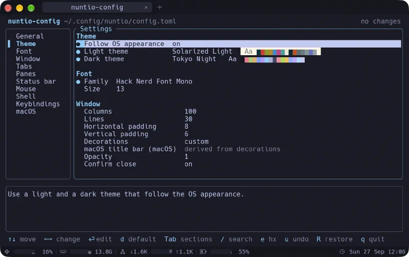 nuntio-config with the Theme section selected: Follow OS appearance is on, Solarized Light as the light theme and Tokyo Night as the dark theme, each with a row of color swatches, followed by the Font and Window settings, a help text below and a key legend in the footer