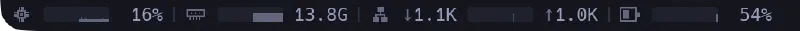 The left part of the status bar: CPU at 16%, memory at 13.8G, network with 1.1K down and 1.0K up on either side of its graph, and the battery at 54%, each with an icon and a small graph