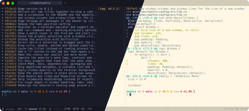 The same nuntio window split diagonally: git log in Tokyo Night on the left, a diff in Solarized Light on the right