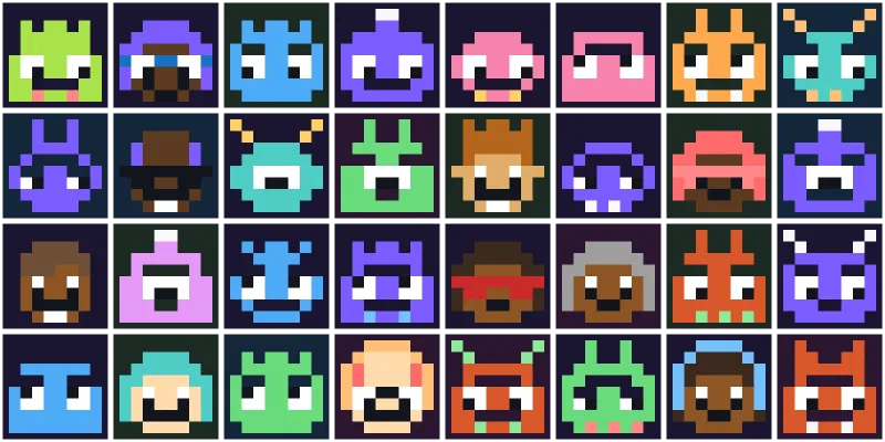 Ein Raster aus 32 Pixel-Art-Avataren: Monster und Nerd-Gesichter in leuchtenden Farben auf dunklen Quadraten.